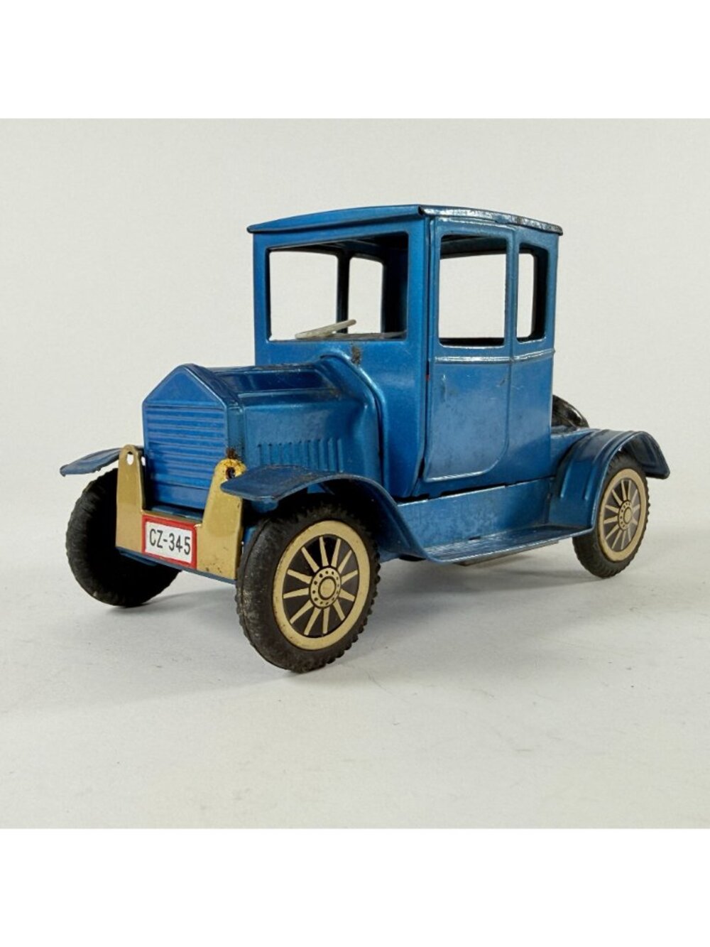 Vintage Blue Tin Wind Up Toy Car Model T Style w/Spare Tire Japan